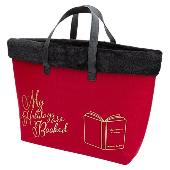 Barnes & Noble Exclusive Red "My Holidays Are Booked" Faux Fur Trim Tote Bag - Picture 3 of 7